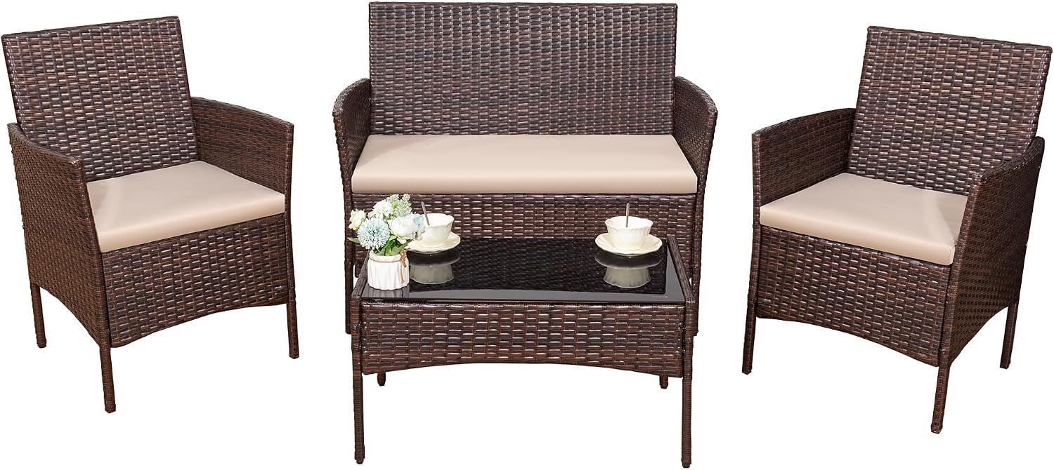 Devoko 4 Pieces Outdoor Patio Furniture Set, PE Rattan Wicker Chairs(Brown)