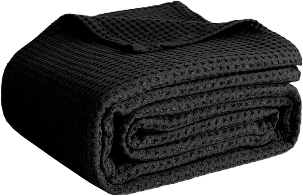 100% Cotton Blankets for Bed – Waffle Weave Blankets for Summer, Lightweight and Breathable Soft Woven Blanket for Spring (Black, Throw (50″ x 60″))