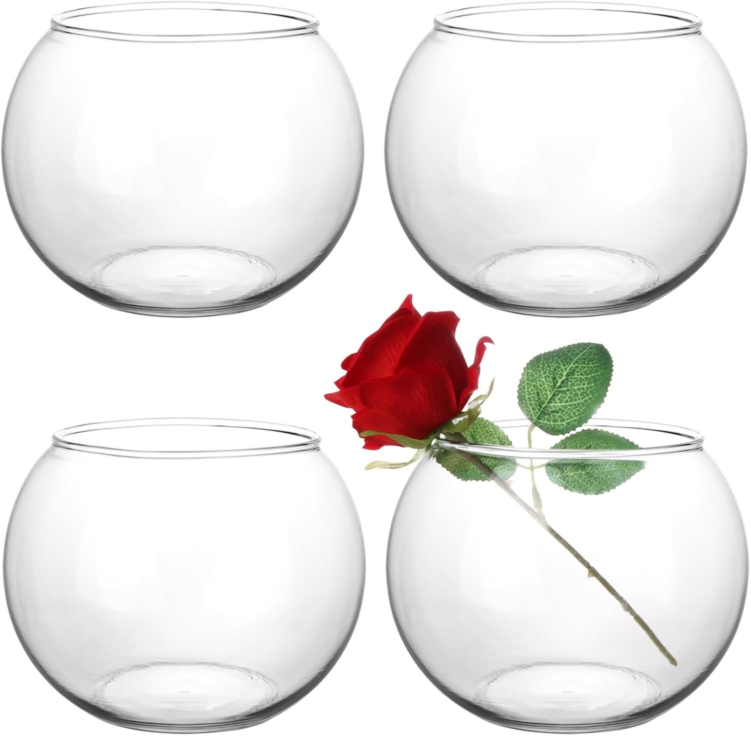 Set of 4 Clear Glass Flower Vases, 6” W x 4.4” H, Bubble Bowl Vases