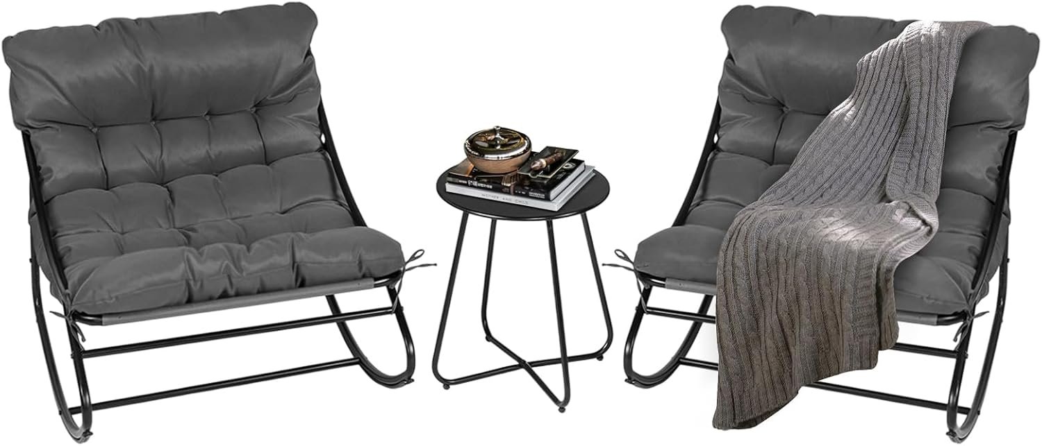 VINGLI Rocking Patio Chairs Set of 2 with Side Table, Heavy Duty 400 LBS Capacity, Padded Outdoor Indoor Rockers, Grey