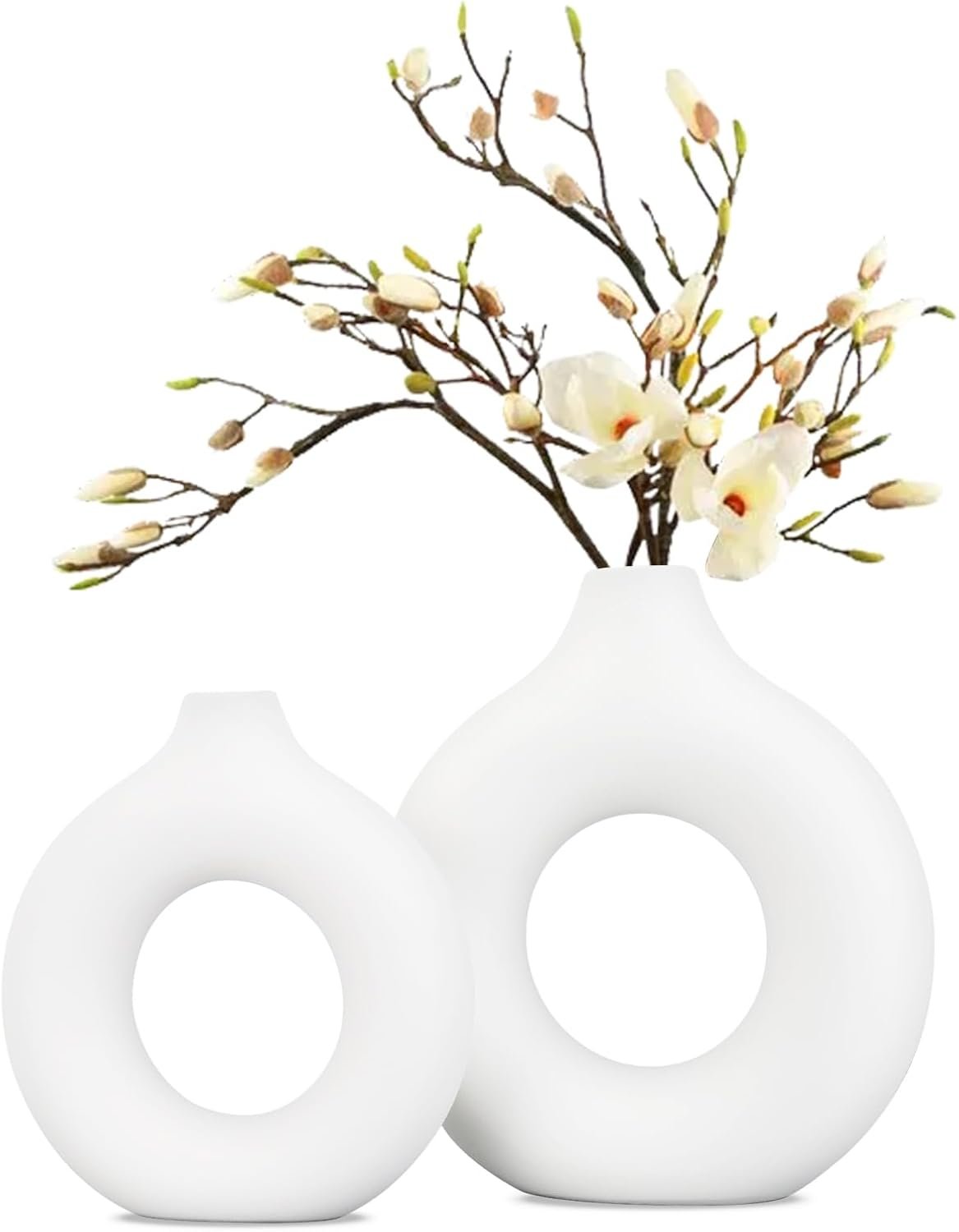 White Ceramic Donut Vase Set of 2 by DSIOHFEI, Round Boho Style Home Decor