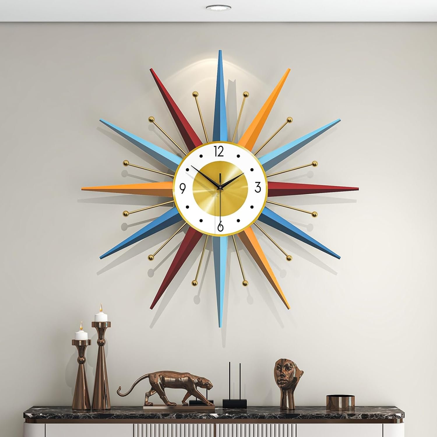 Large Starburst Wall Clock for Living Room Decor 24 Inch Metal Decorative Mid Century Wall Clcok Big Modern Silent Quality Quartz Clock Battery Operated Non Ticking for Kitchen Office Bedroom