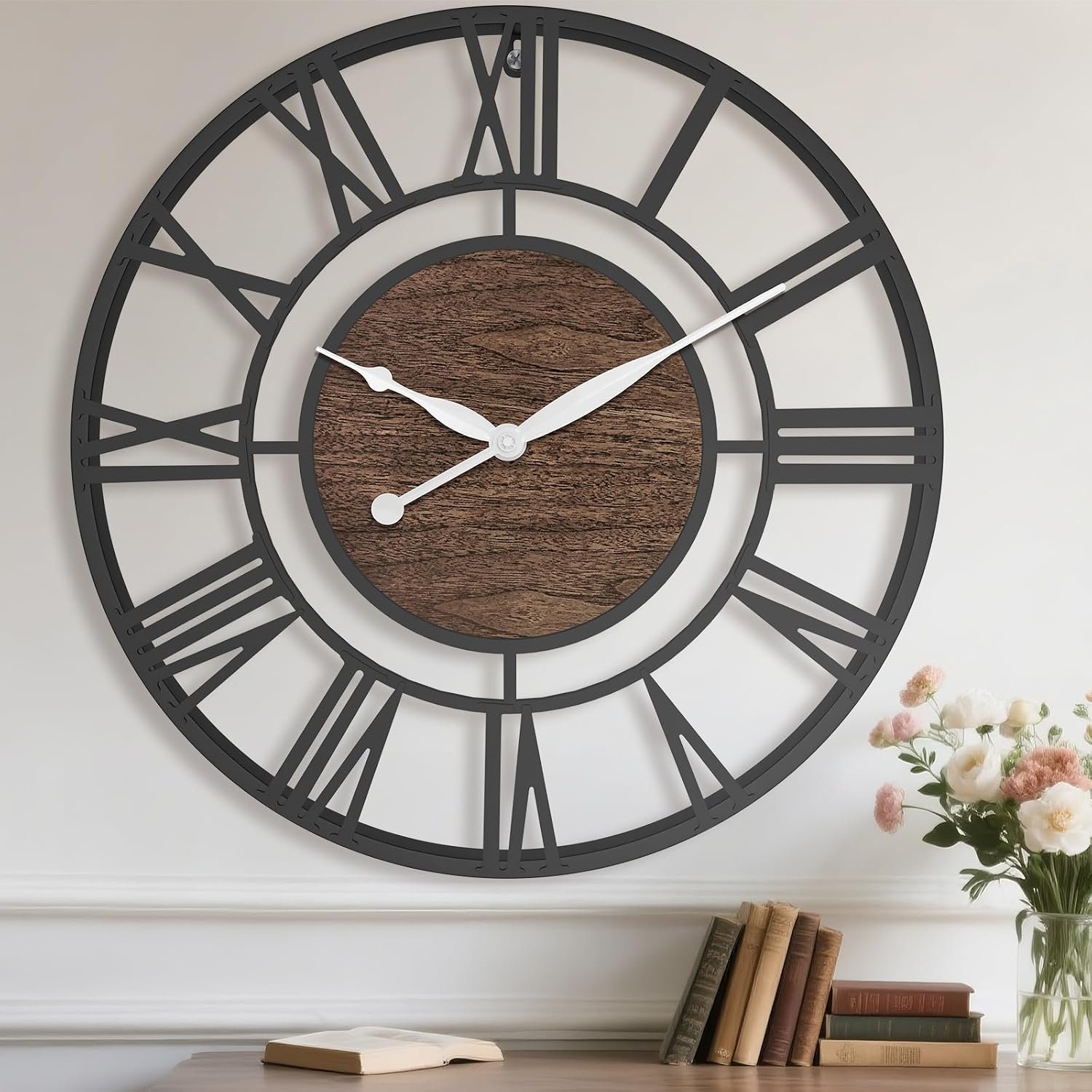 Pytha Sight 30 Inch Walnut Large Roman Numeral Wall Clocks for Living Room
