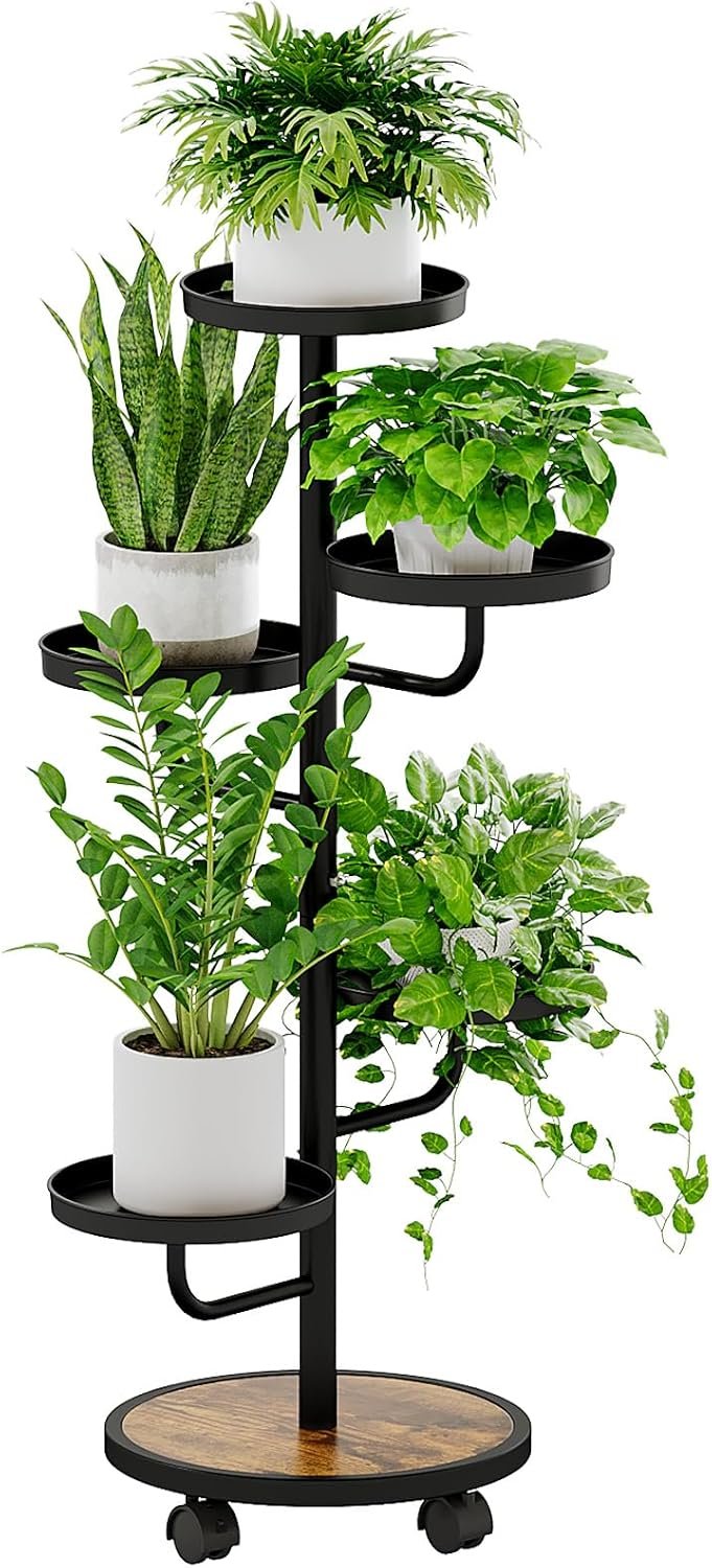 Bamworld Tall Plant Stand Indoor Outdoor Metal Plant Stands with Wheels 5 Tiered Corner Plant Holder Heavy Duty Flower Stand for Multiple Pots Planter Stand for Patio Balcony Living Room (Black)