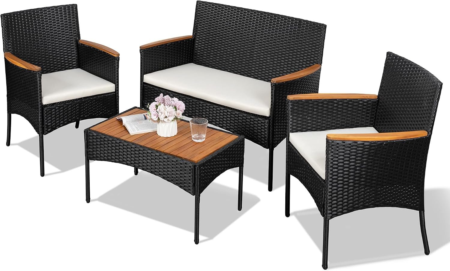 Shintenchi 4-Piece Patio Furniture Set, Outdoor Wicker Patio Conversation Furniture Set with Cushions and Wooden Tabletop for Paito Lawn Backyard Pool Garden, Black Rattan