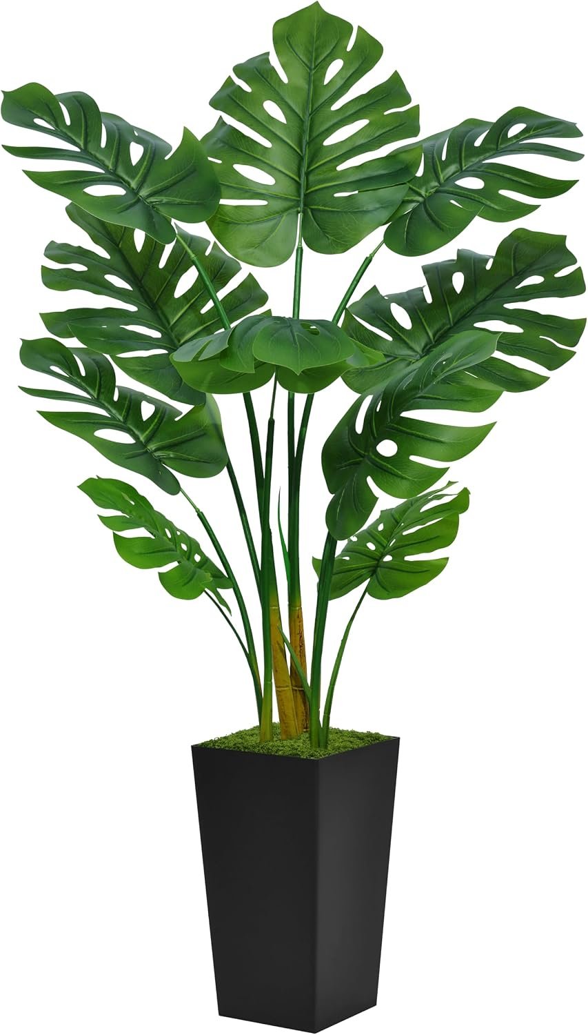 ASTIDY Artificial Monstera Deliciosa Plant 5FT – Faux Tropical Palm Tree with Black Tall Planter – Fake Swiss Cheese Floor Plant in Pot – Artificial Tree for Home Office Living Room Decor Indoor