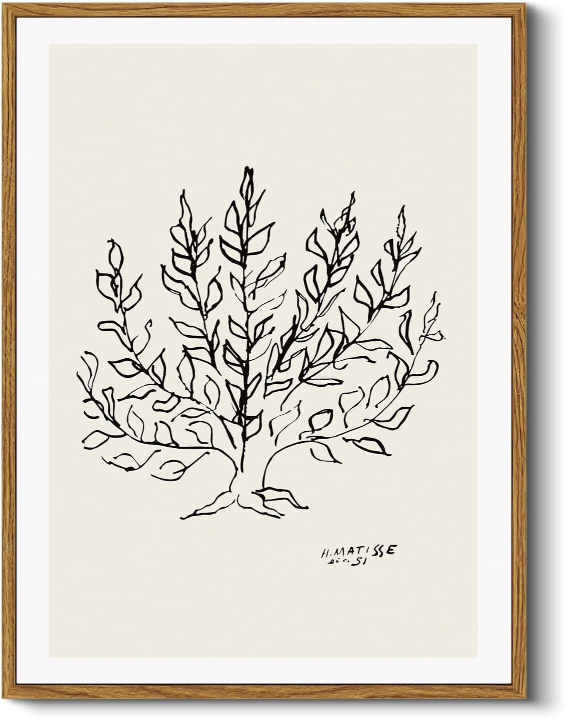 HUARCEY Simple Clean Botanical Leaf Line Drawing 12×16 Framed, Minimalist Black and Beige Wall Art Canvas Print,Hernri Matisse Tree, Modern Style Neutral Home Decor for Living Room Bedroom