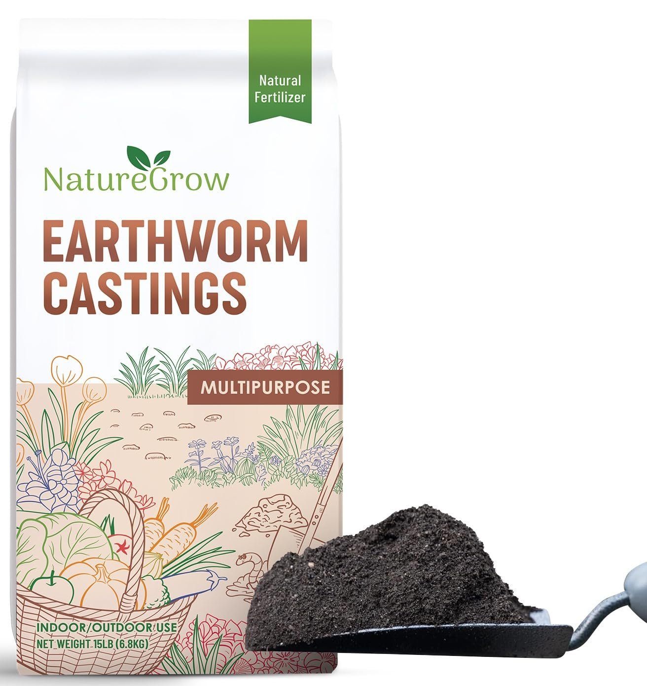 NatureGrow Earth Worm Castings 15LB – Organic Fertilizer Includes Humic Acid – Pure Worm Castings for Gardening