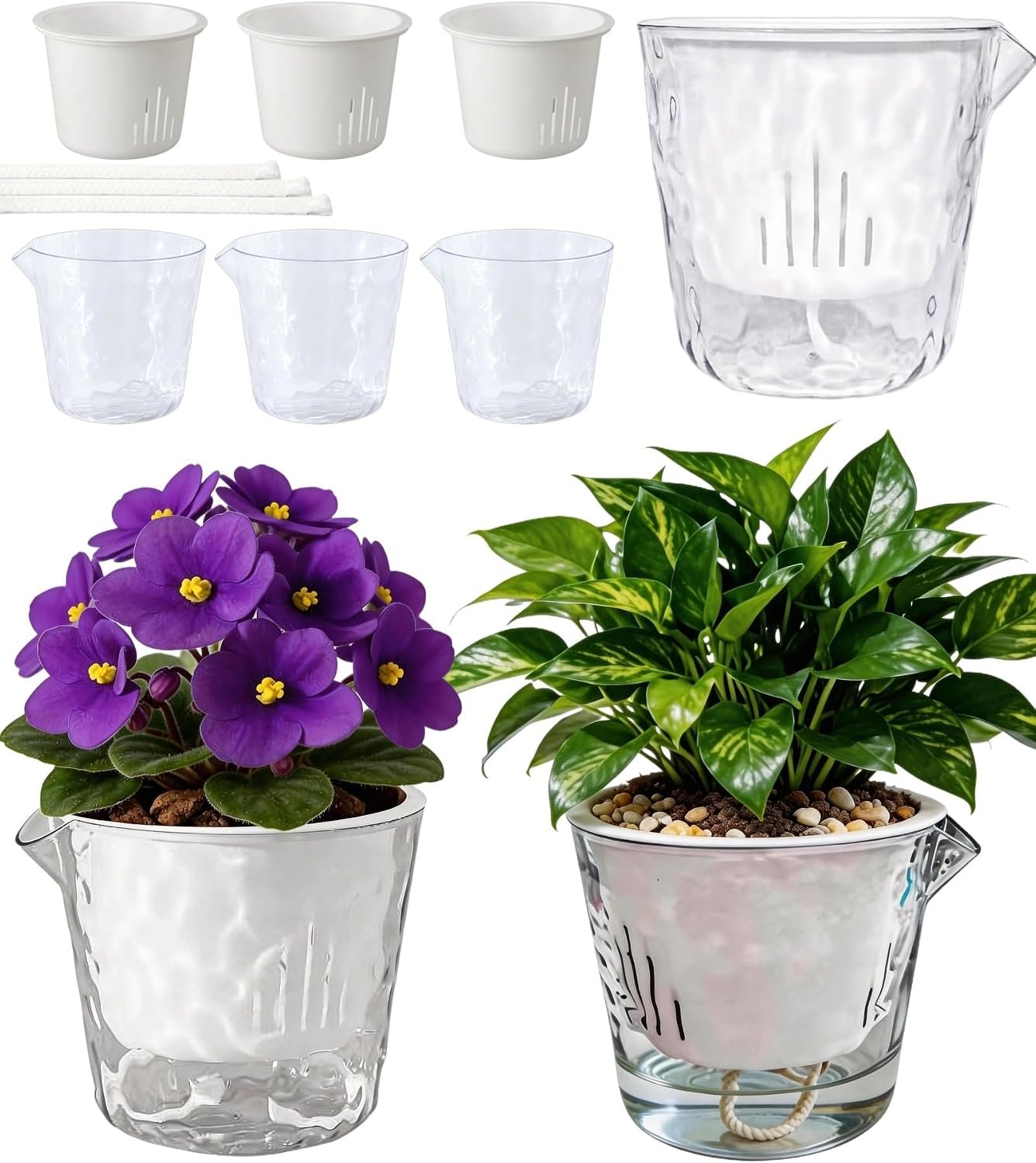 3-Pack Clear Self Watering Plant Pots, 5 Inch Clear Flower Pots with Drainage Holes, Tray and Rope, Plastic Self Watering Planters for Indoor Outdoor Garden Plants, African Violet, Herbs