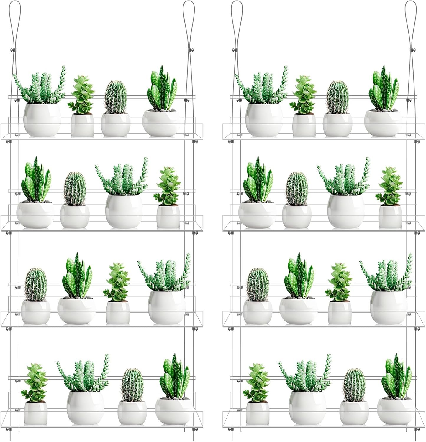 Ziliny 2 Pcs 16 Inch 4-Tier Clear Hanging Window Plant Shelves Acrylic Height Adjustable Plant Stand Hanger Flower Pot Organizer Storage for Indoor Window Wall Garden Grow Herb Succulent