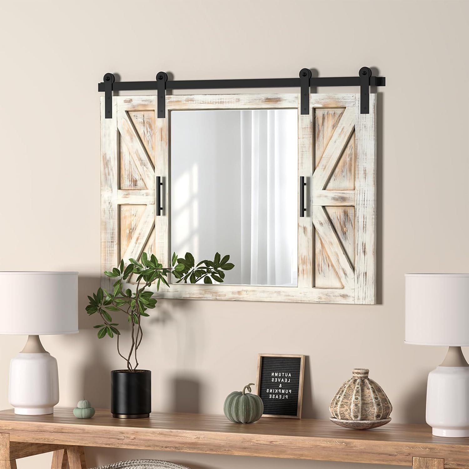 COGOOD Farmhouse Barn Door Mirror – 37″ x 26″ Wall Mirror Rustic White