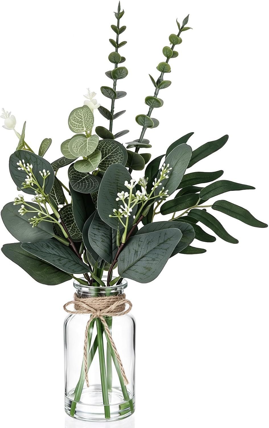 Thiccywoov 4 Kind Artificial Eucalyptus Stems in Glass Vase with Faux Water