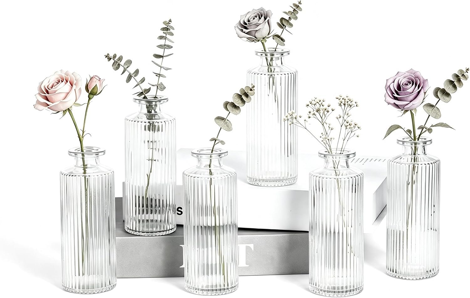 6‑Pack 5.2 Inch Clear Glass Bud Vases, Fluted Ribbed Small Flower Vase Set