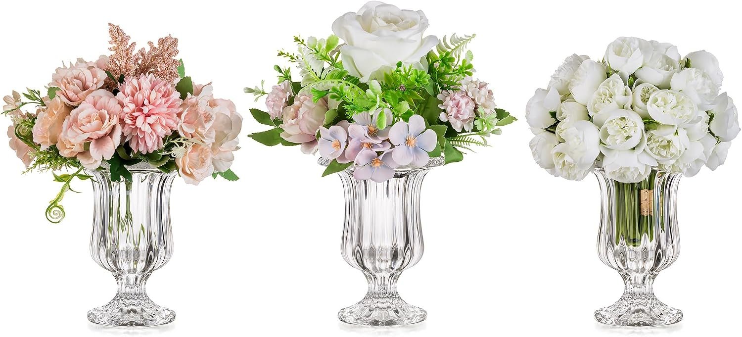 Glasseam Small Glass Vases for Flowers, Pedestal Compote Vase Set of 3