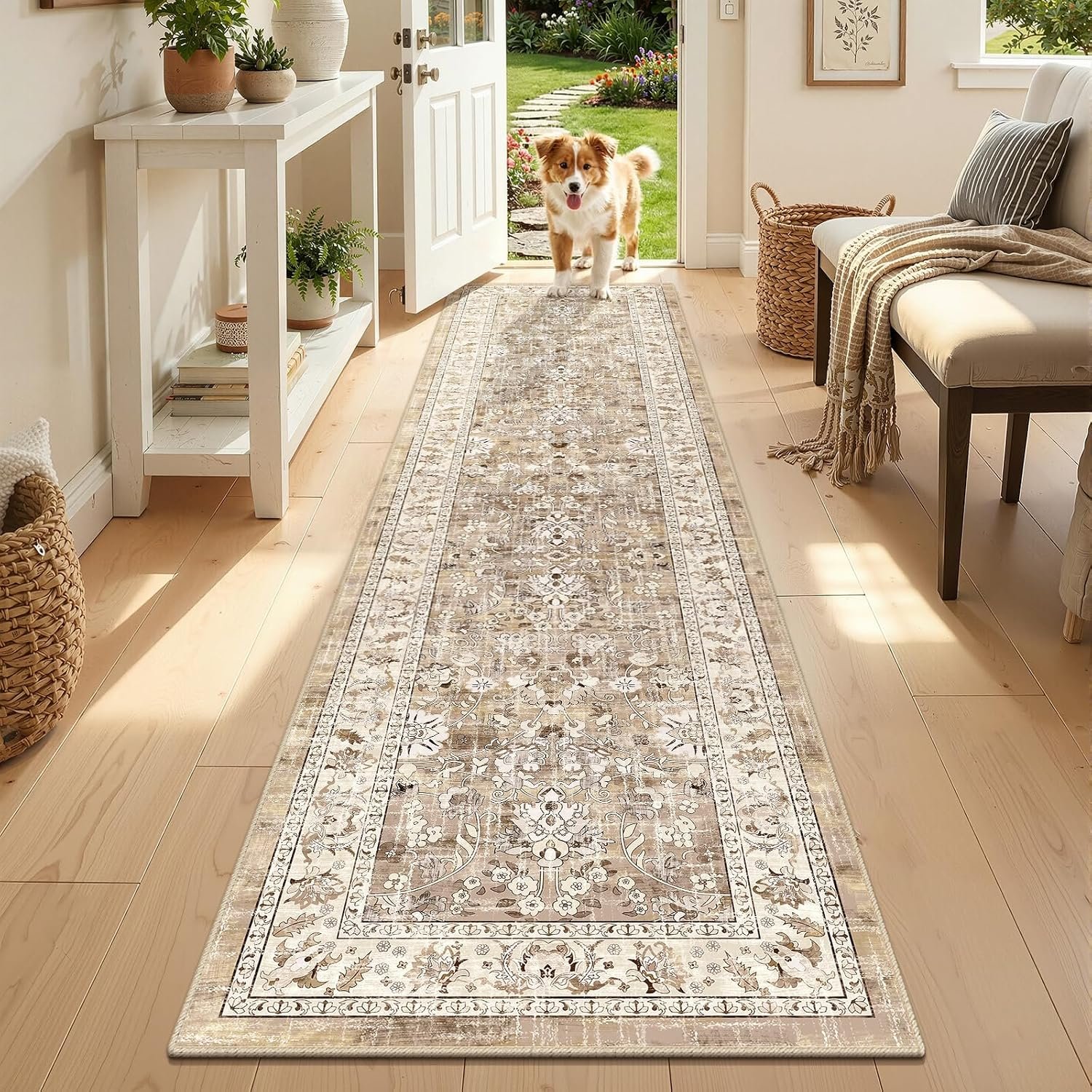 LOKHOM 2×8 Hallway Runnner Rug, Boho Non-Slip Washable Kitchen Rugs, Beige