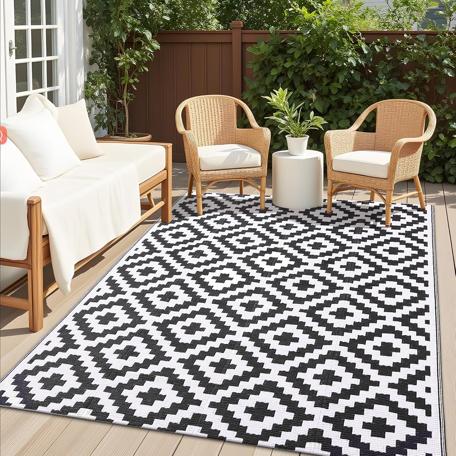 OLANLY Outdoor Rug 5×8 ft Waterproof Reversible Mat, Black & White