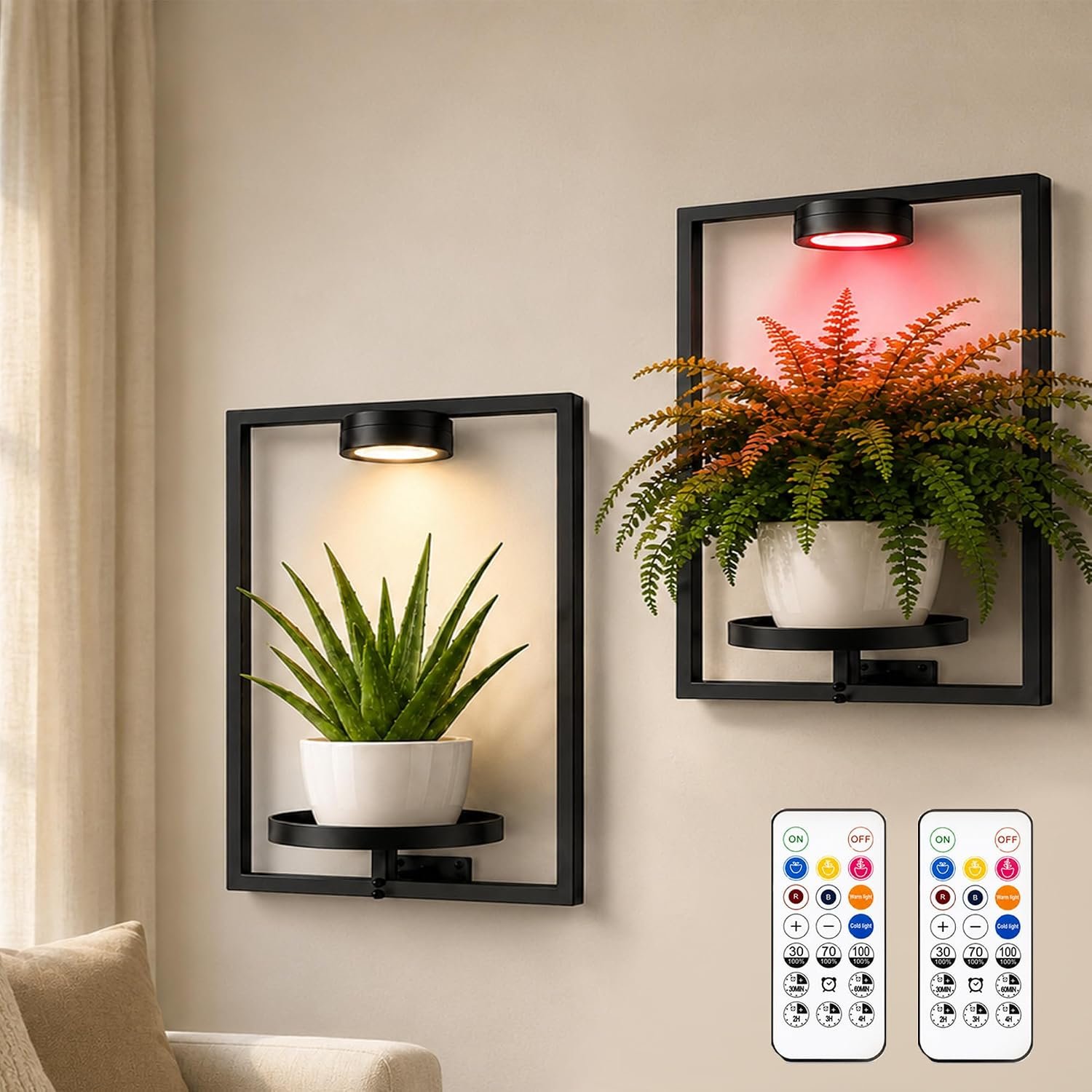 2 Pack Plant Wall Shelf with Grow Light, Wall Mounted Indoor Plant Shelf