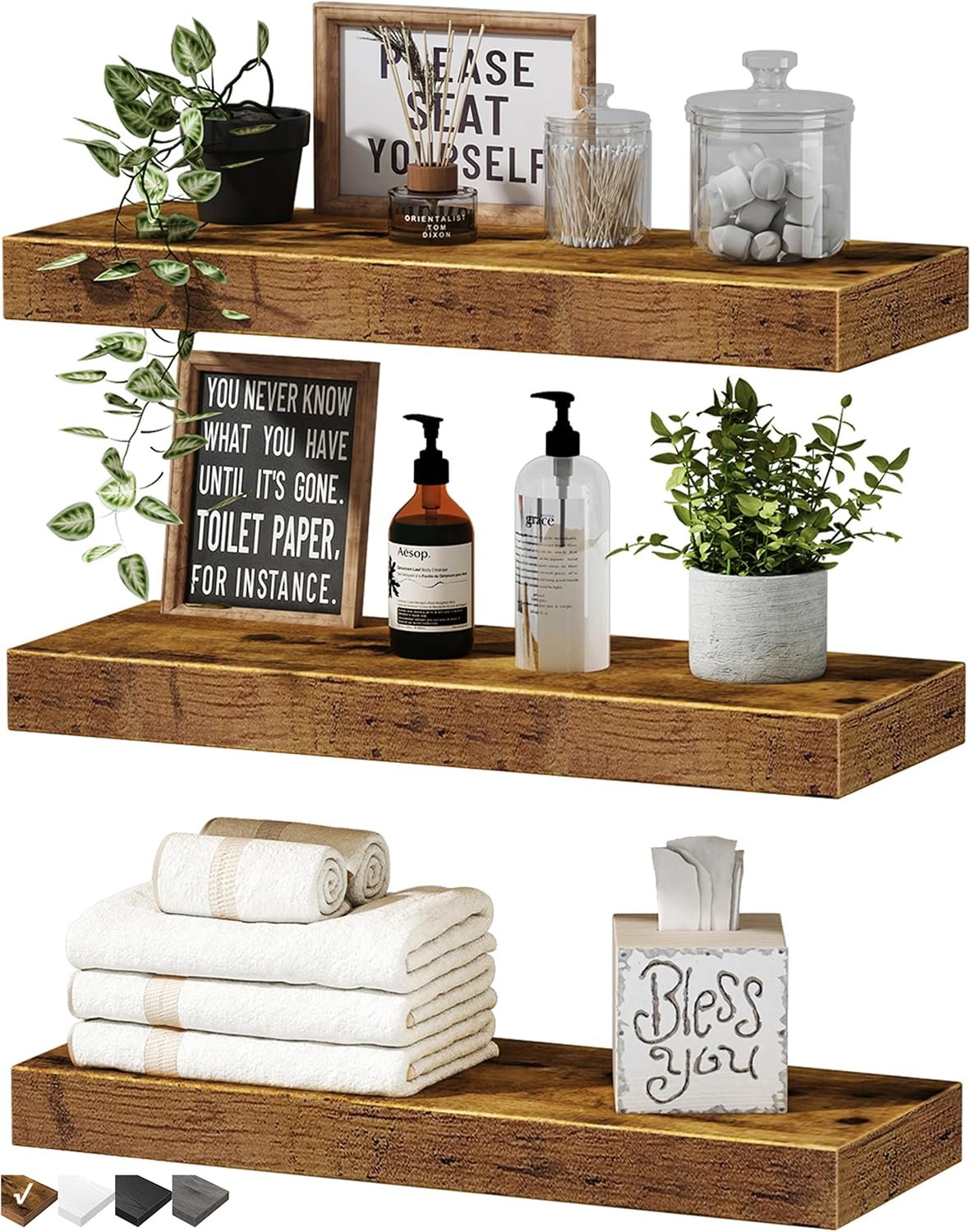 QEEIG Floating Shelves for Wall Small Shelf (Brown, Set of 3, 15.7″ x 6.7″)