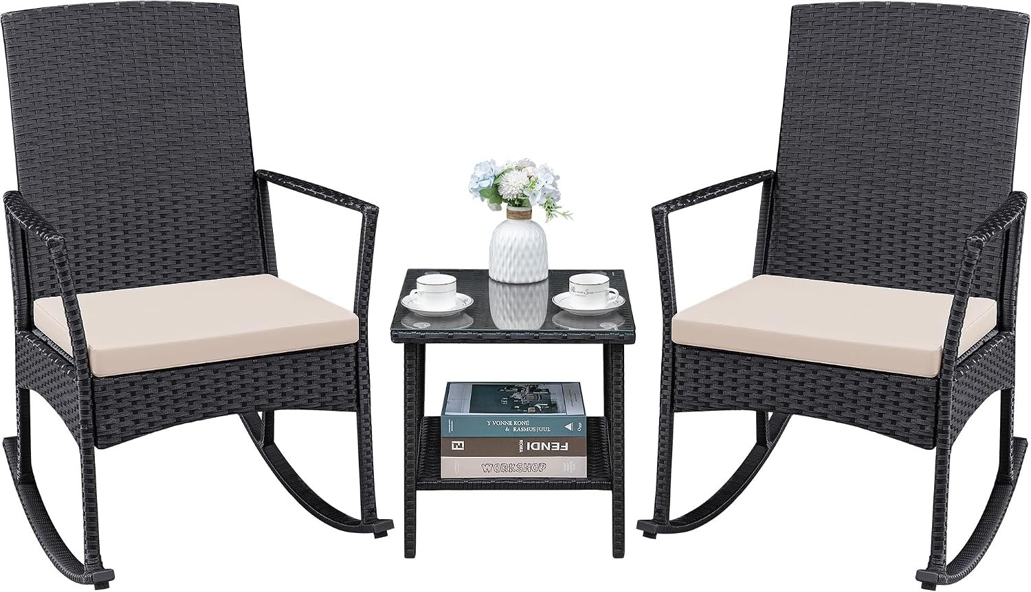 Greesum 3 Pieces Patio Furniture Set Outdoor Wicker Rocking Chairs,Beige