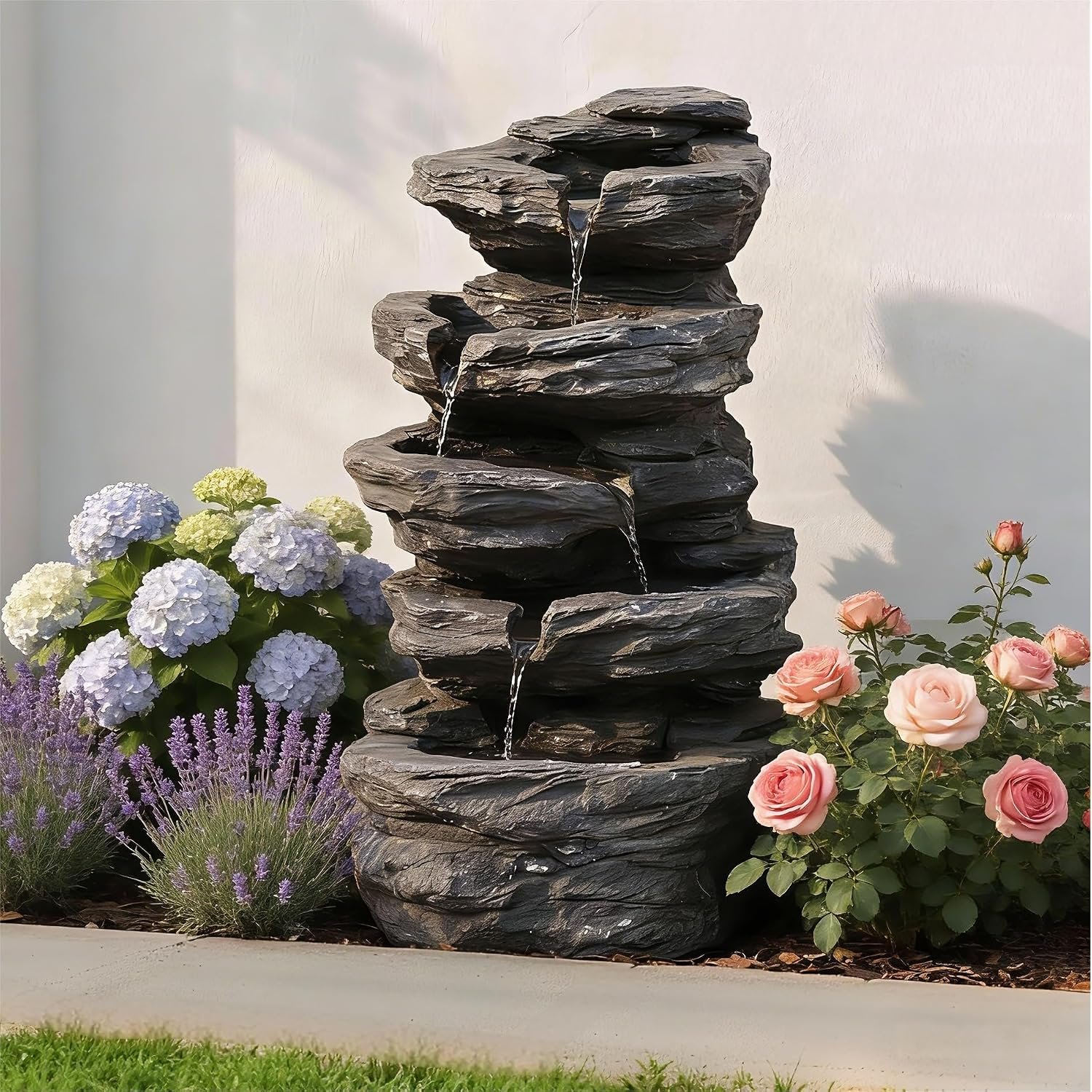 20″ Outdoor Water Fountain with Lights, 5-Tiered Cascading Rock Water Fountain, Outdoor Garden Waterfall Decor for Garden, Patio, Courtyard