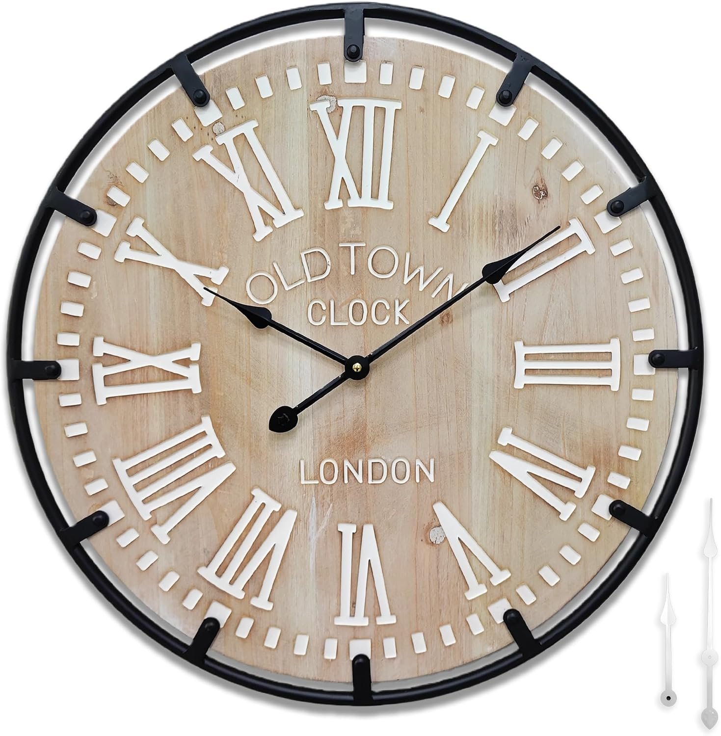 Large Farmhouse Rustic Wooden Wall Clock with Metal Frame and Large Engraved Numbers，Oversized Silent Retro Metal Wood Face Decorative Clock for Office Kitchen Bedroom Living Room (White, 24 inch)