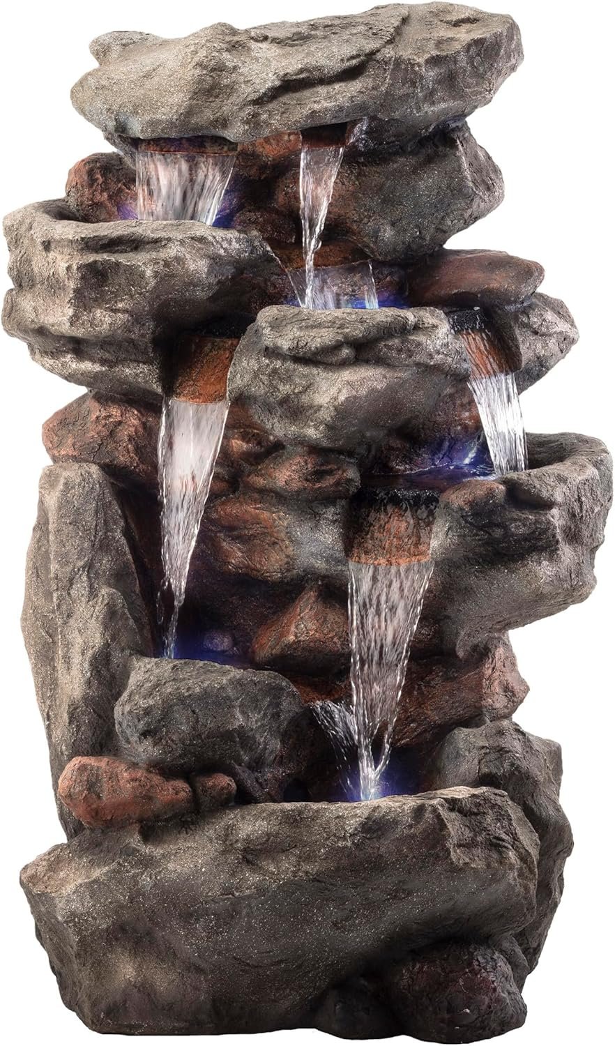 Alpine Corporation WIN730 Outdoor Floor Tiered Rock Waterfall Fountain with LED Lights and Natural Stone Look, 52″, Brown