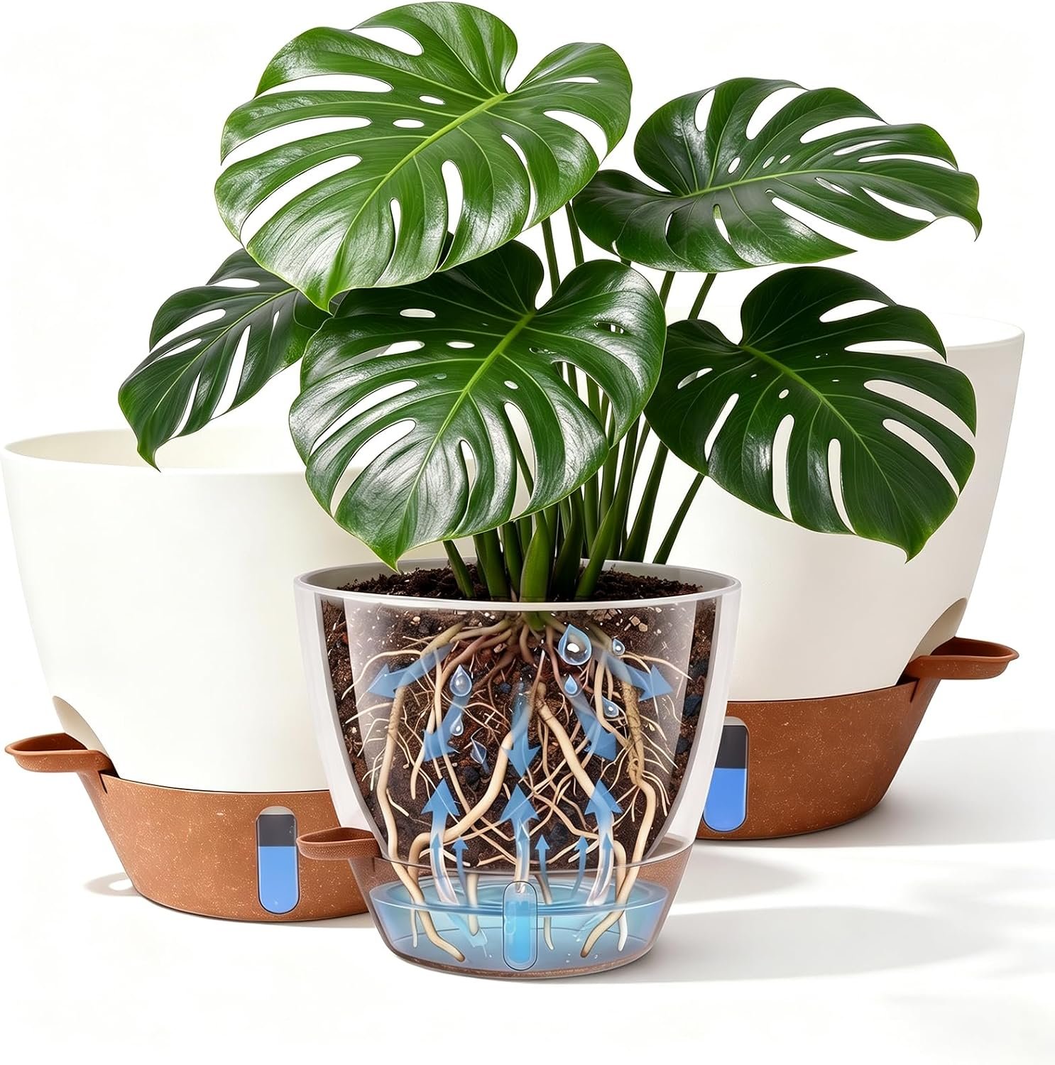 8/9/10 Inch Self Watering Pots, Plastic Flower Pots with Multi Mesh Drainage Holes and Water Level Indicator & Deep Reservoir for Indoor Outdoor Garden Plants and Flowers (White)