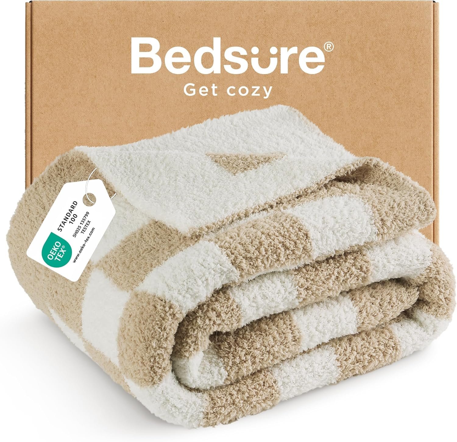 Bedsure Beige Fall Throw Blanket for Couch, Cozy Soft Checkered Blanket, Lightweight Warm Knit Fluffy Throw Blankets for Bed Sofa, Camping, Picnic, Travel, Gifts for Women Men, 50×60 Inches