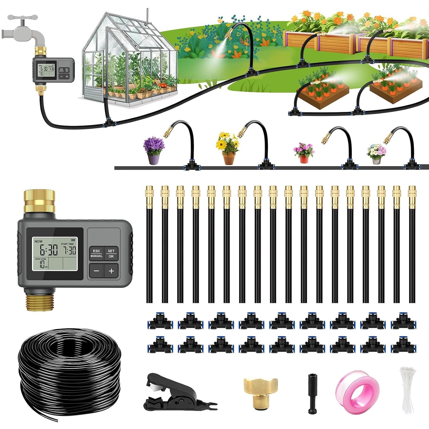60FT Drip Irrigation System with Smart Water Timer
