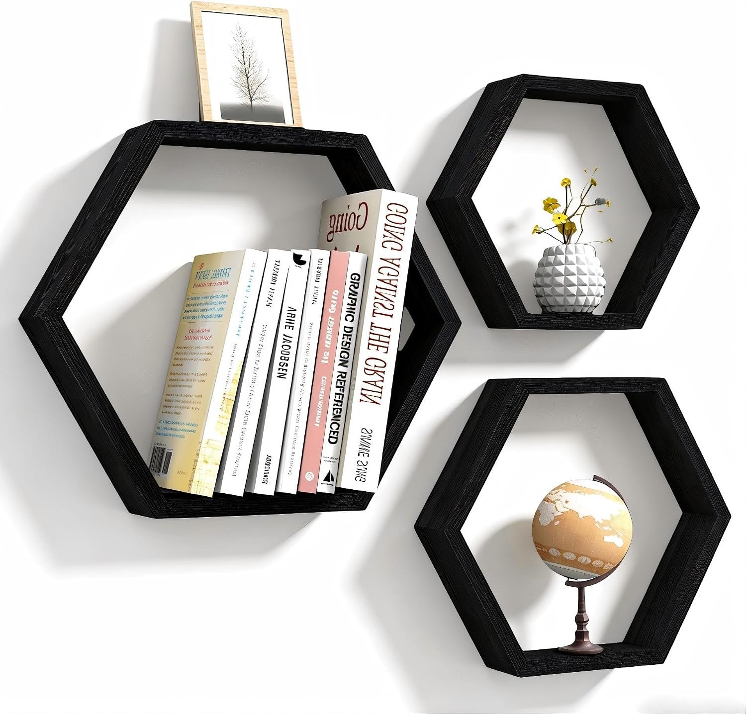 CADUKE Hexagon Floating Shelves Set of 3, Wooden Honeycomb Shelves for Wall Mount, Modern Decorative Shlef for Living Room, Bedroom, Office, Black