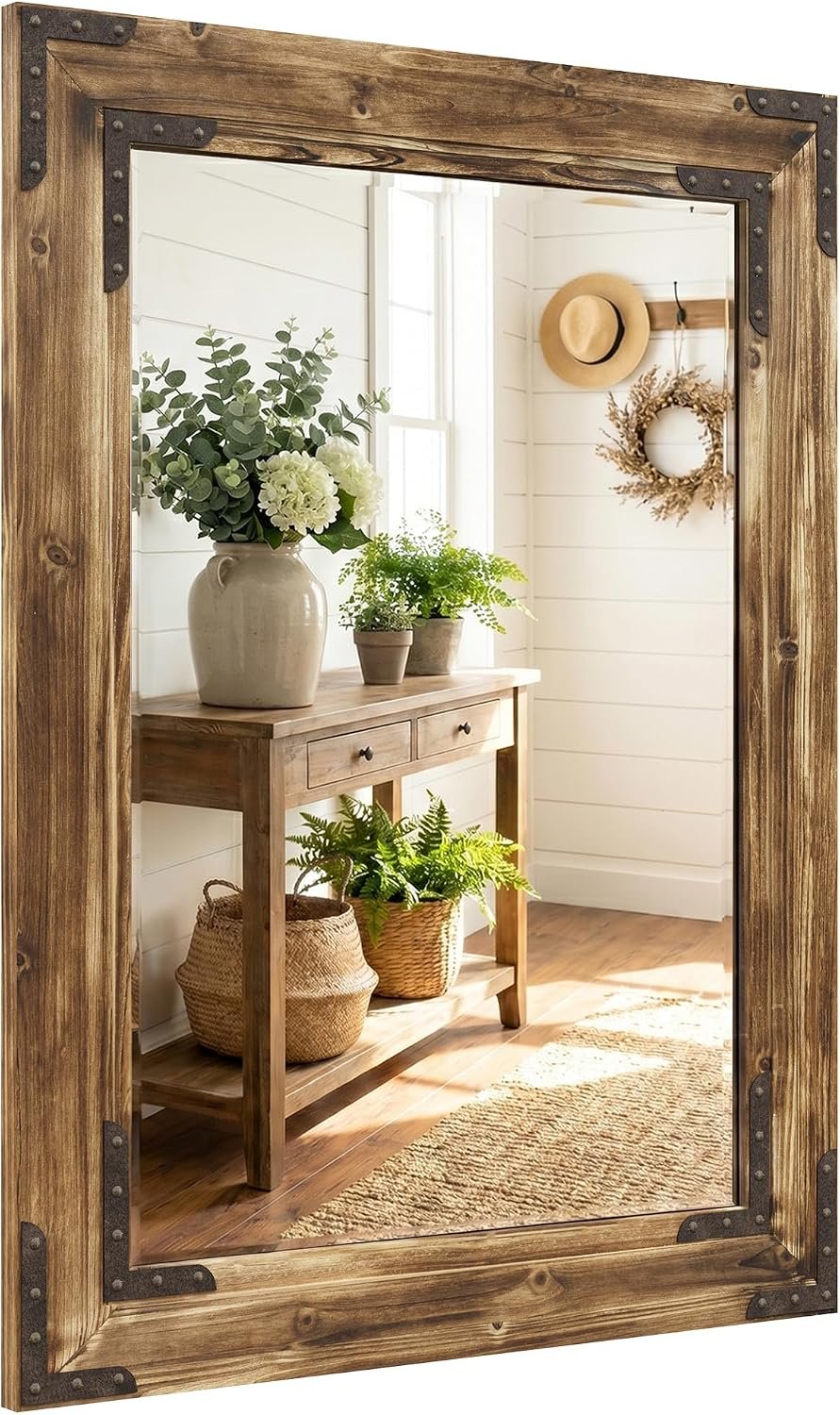 Rustic Brown 24×36 Inch Wood Bathroom Vanity Mirror, Rivets