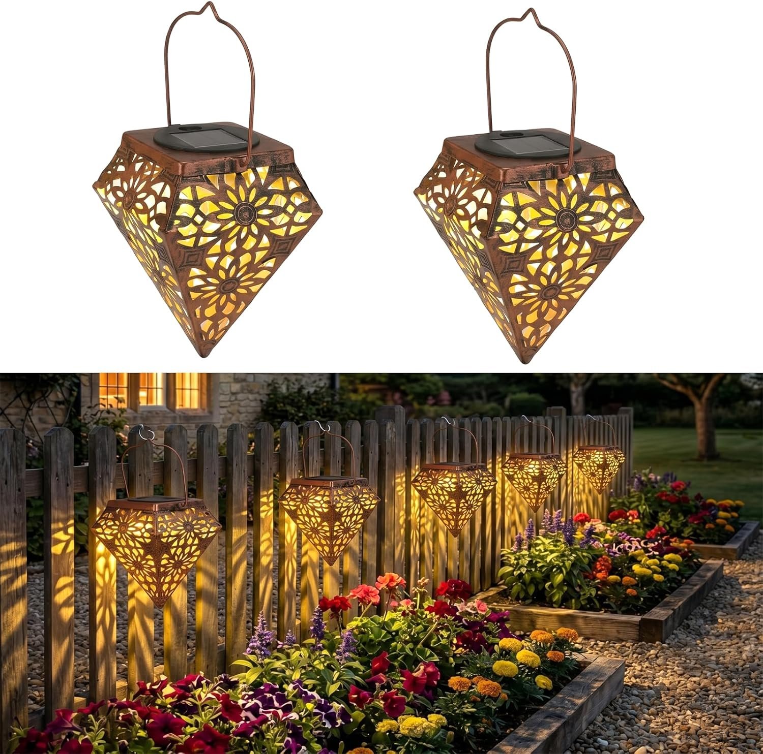 Fumete Solar Lantern Waterproof Outdoor 2 Pack Metal Solar Hanging Lantern