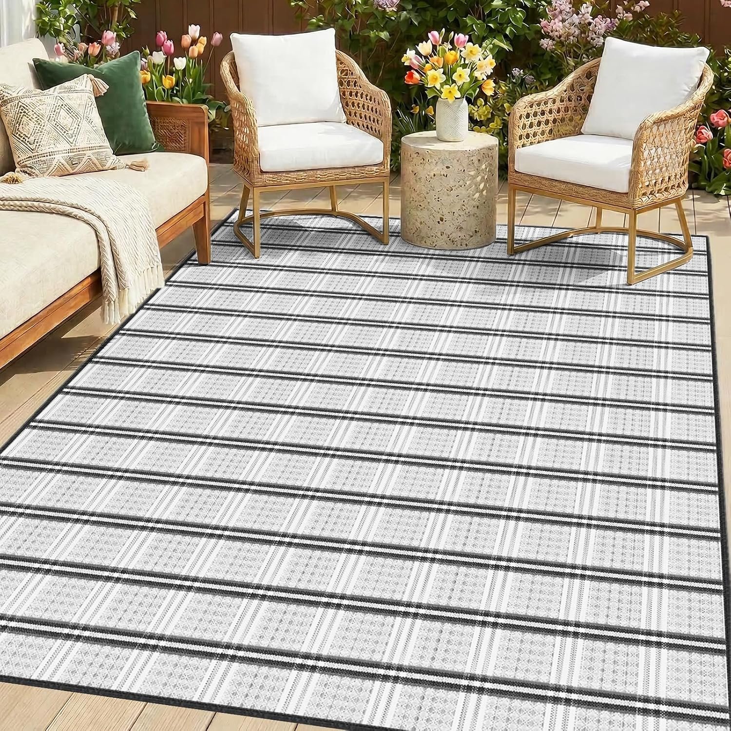 KANAGAWA 5ft x 8ft Reversible Outdoor Rug, Waterproof Plastic Straw Patio Rug, UV Resistant Portable Camping Mat with Carry Bag for RV Balcony Backyard, Grey & White