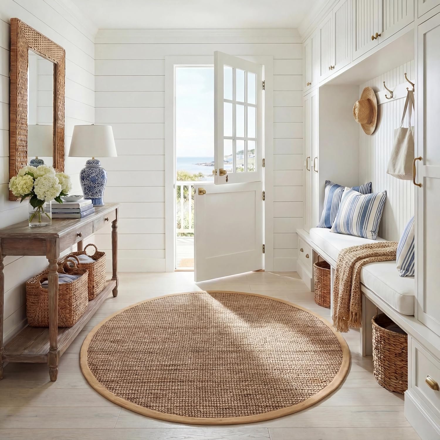 SAFAVIEH Area Rug 7′ Round – Natural Fiber Collection – Natural Brown, Handmade Jute & Coir, Farmhouse Style, Chunky Textured Thick Pile (NF747A)