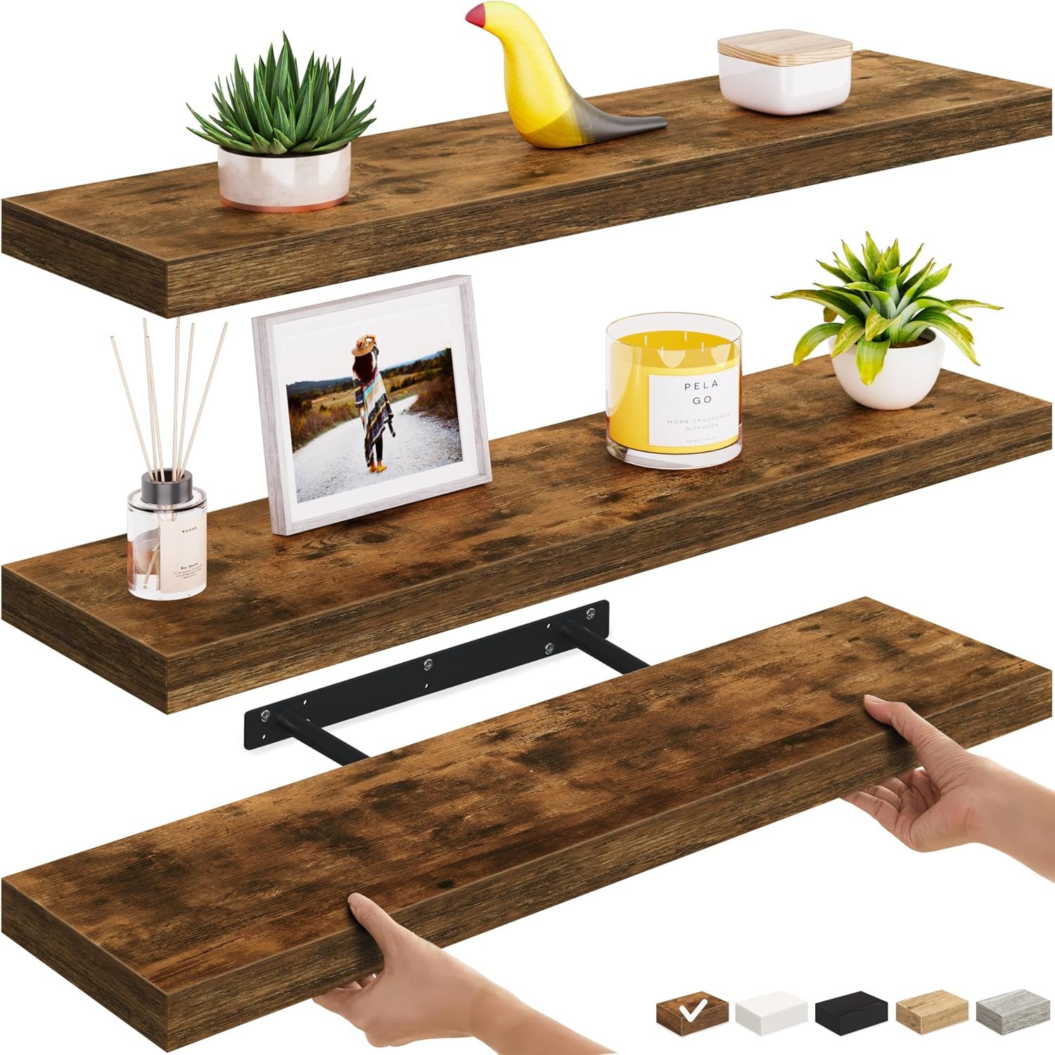 Ballucci Floating Shelves, 36″ Long Wall Shelf, Set of 3, Wood Floating Shelves for Wall, Decorative Wall Shelves for Home Office, Living Room, Room Décor, 8″ Deep, Set of 3, Rustic Brown
