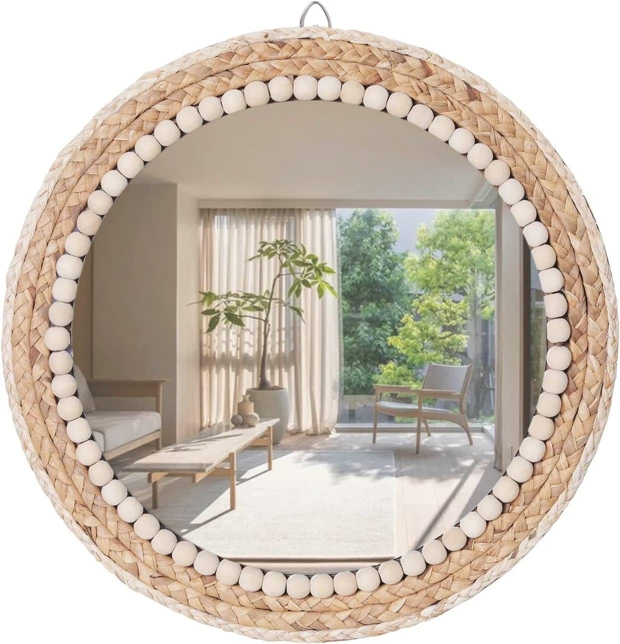 OYPEIP 12″ Nature Rattan Boho Innovative Art Decoration Round Makeup Mirror Dressing Bedroom Bathroom Wall Mounted Hanging Mirrors Craft Photo Props…