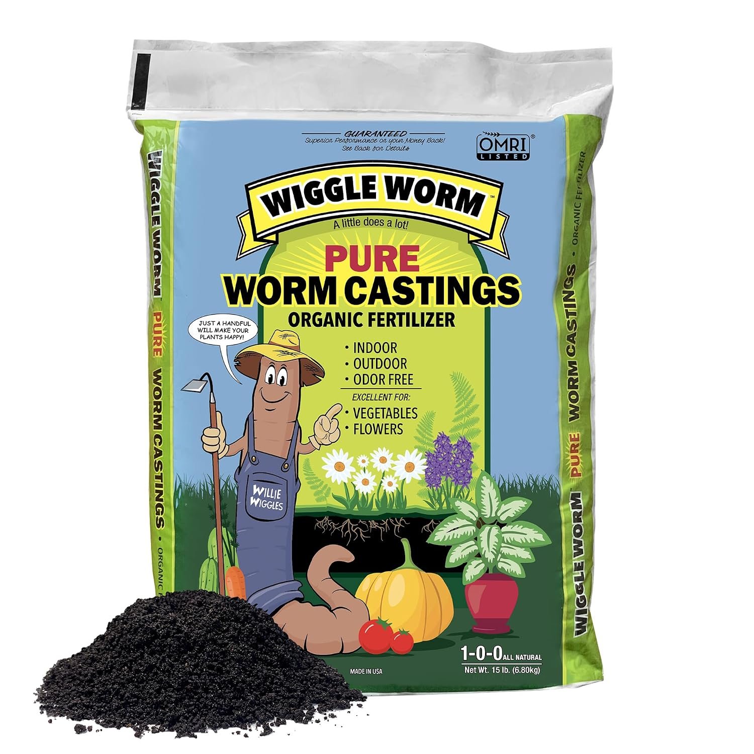Wiggle Worm 100% Pure Organic Worm Casting Fertilizer, 15lb