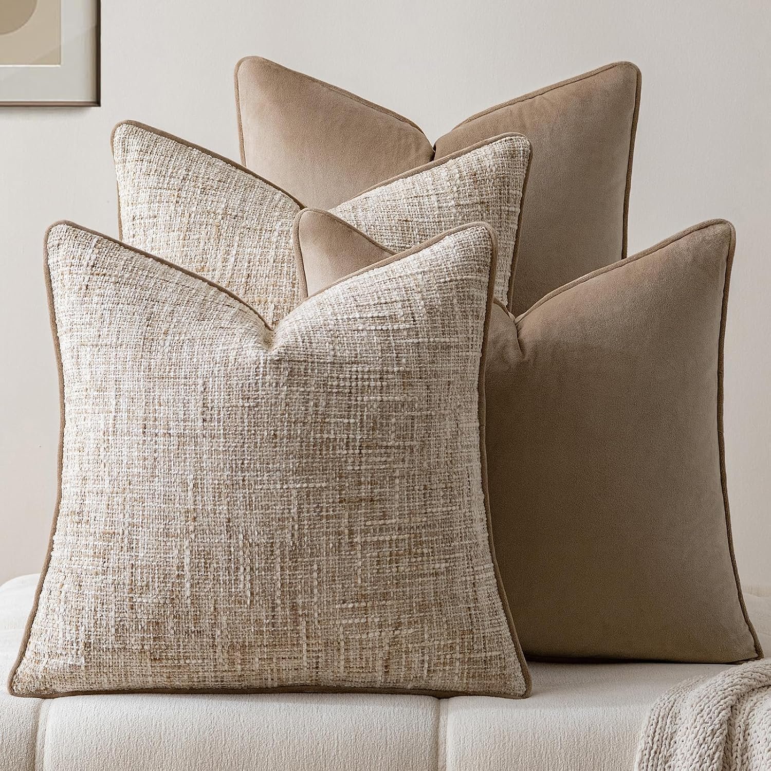 a moment Khaki 4 Pack Throw Pillow Covers – Chenille & Velvet Set with Piping, Farmhouse Textured Design Cushion Cases for Couch Sofa Bed (18×18 Inch, No Insert)