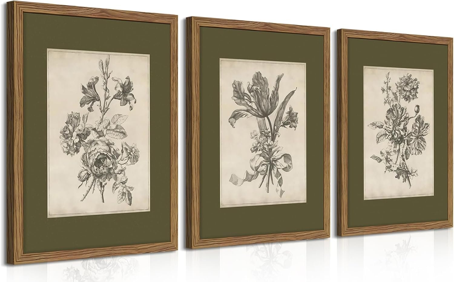 Vintage Floral Wall Art Set of 3, Sketch Sage Green Botanical Canvas Wall Decor Paintings, Retro Minimalist Flower Artwork Posters Prints Pictures for Living Room Bedroom Bathroom 16×24 Inch Framed