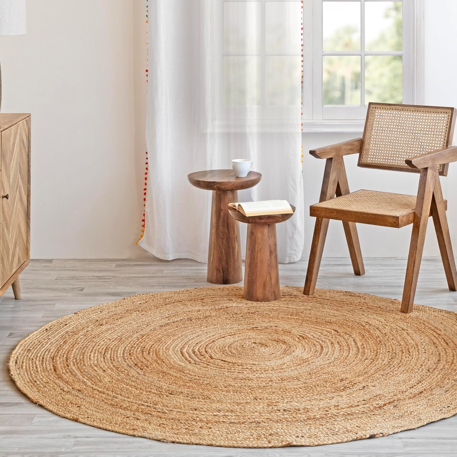 HOMEMONDE Round Handwoven Braided Jute Area Rug | Reversible Natural Fiber Boho Farmhouse Carpet for Living Room, Bedroom & Entryway | 8′ Round | Natural