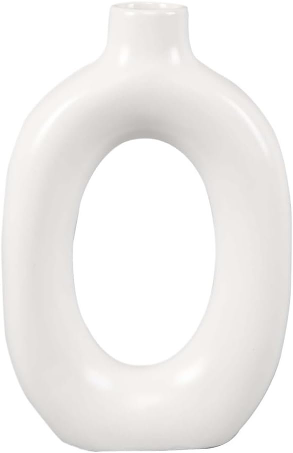 Single Pack 8 Inch Matte White Donut Ceramic Vase, 5.8″ D×9″ H Handmade Flower Vessel, No Drainage Hole for Table Shelf Floral Decor