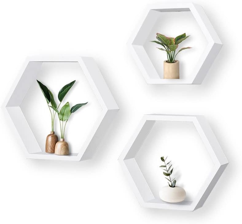 ROSE BLOOM Set of 3 White Wood Hexagon Shelves for Wall Decor – Farmhouse Honeycomb Shelves for Living Room Decor, Kitchen Storage, Mounted Storage – Durable, Stylish & Versatile