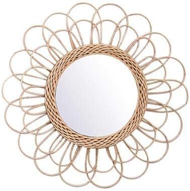 Hanging Mirror – Rattan Sunflower Circular Wall Mirror, Decor Bathroom Boho Nordic Wicker Dressing Makeup Mirrors for Inodoor Home Office Living Room Hallway (15.75inch)