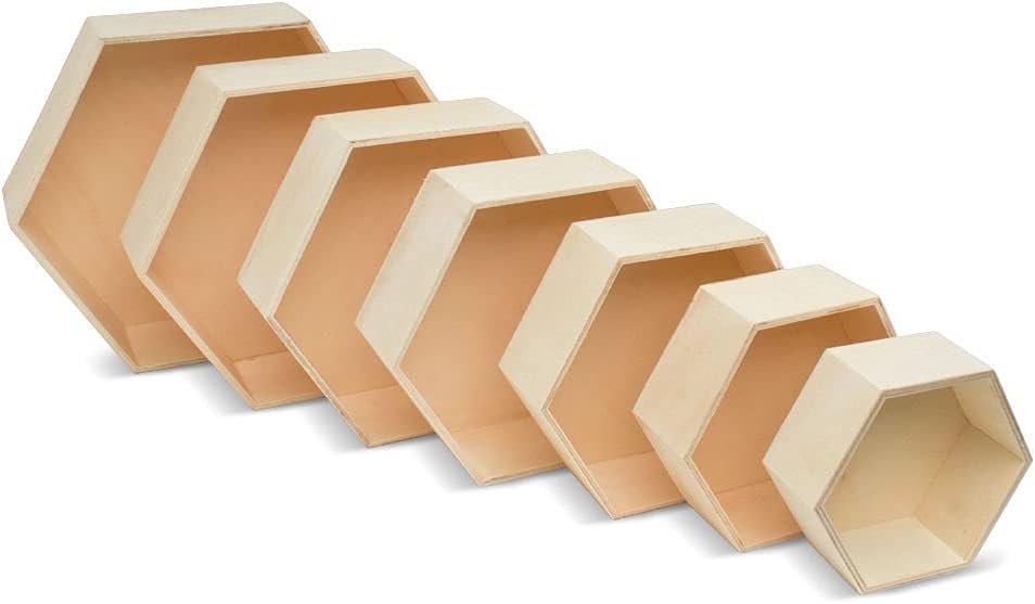 Woodpeckers Wooden Hexagon Floating Shelves with Backs, Set of 7, Unfinished for Crafts and DIY Wall Décor: Modern, Geometric, Rustic, or Honeycomb