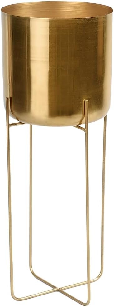 Serene Spaces Living Tall Gold Planter with Detachable Metal Stand – Modern Mid Century Decorative Indoor Plant Pot – Large Floor Planter for Living Room, Kitchen, Office – 26″ H x 9.25″ Diameter