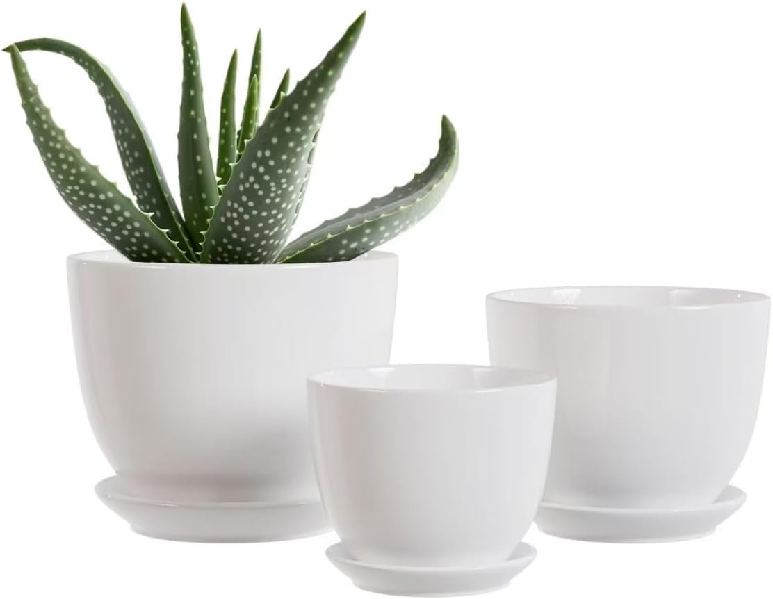 White Plant Pots,Ceramic Flower Pot Set of 3 with Drainage Holes & Saucers