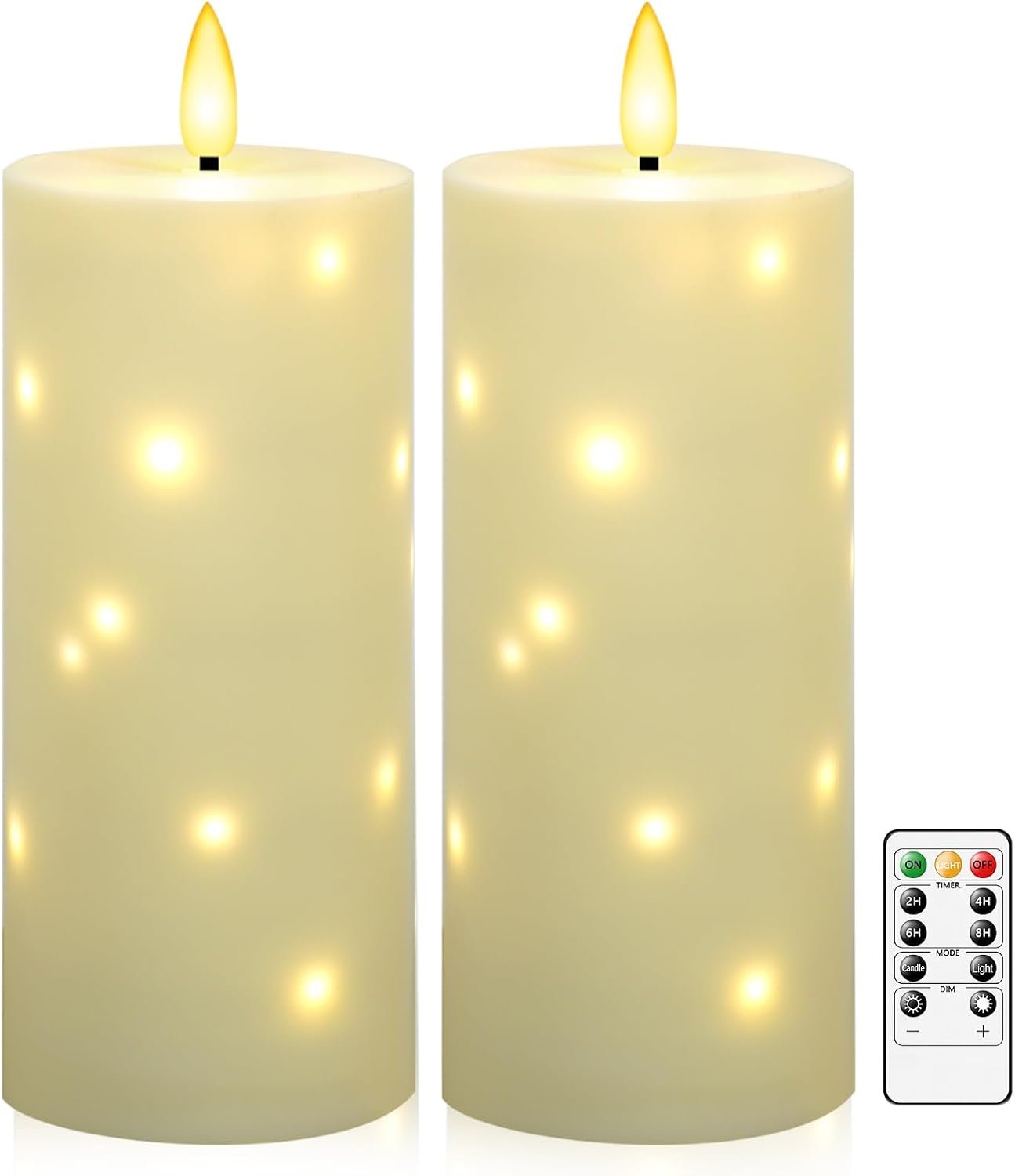 kakoya 10″ x 4″ Large Outdoor Waterproof Flickering Flameless Candles with Timer,2Pcs Battery Operated LED Pillar Candles with Embedded Star String for Outdoor Lanterns,Porch,Patio Decor(Ivory)