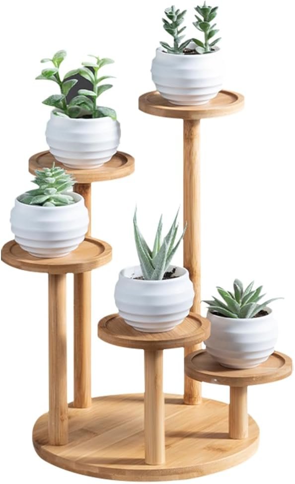 OLizee® 5 Tier Wood Plant Riser Stand Tabletop Tiered Plant Pot Holder Stand Bamboo Succulent Plant Stand Plant Pot Riser Stand Plant Display Holder for Desktop Decor