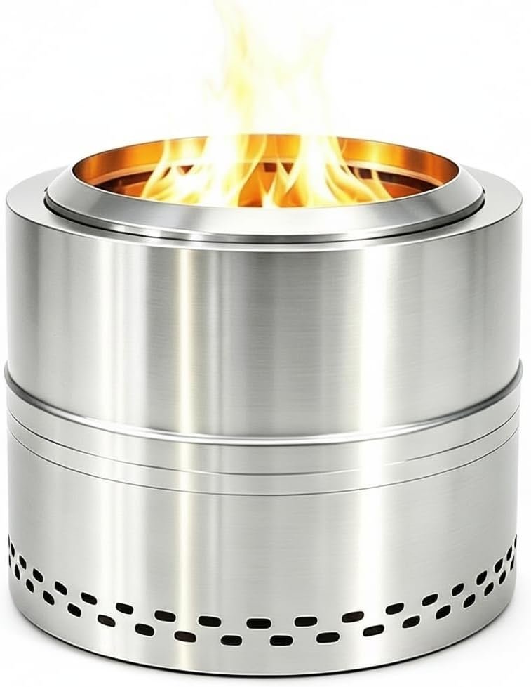 Smokeless Firepit Bonfire 20″, Outside Wood Burning Metal Stove Stainless Steel Fire Pit with Carry Bag, Portable Camping Propane Patio Backyard, Easy Setup & Cleaning (Silver Without Hallow)