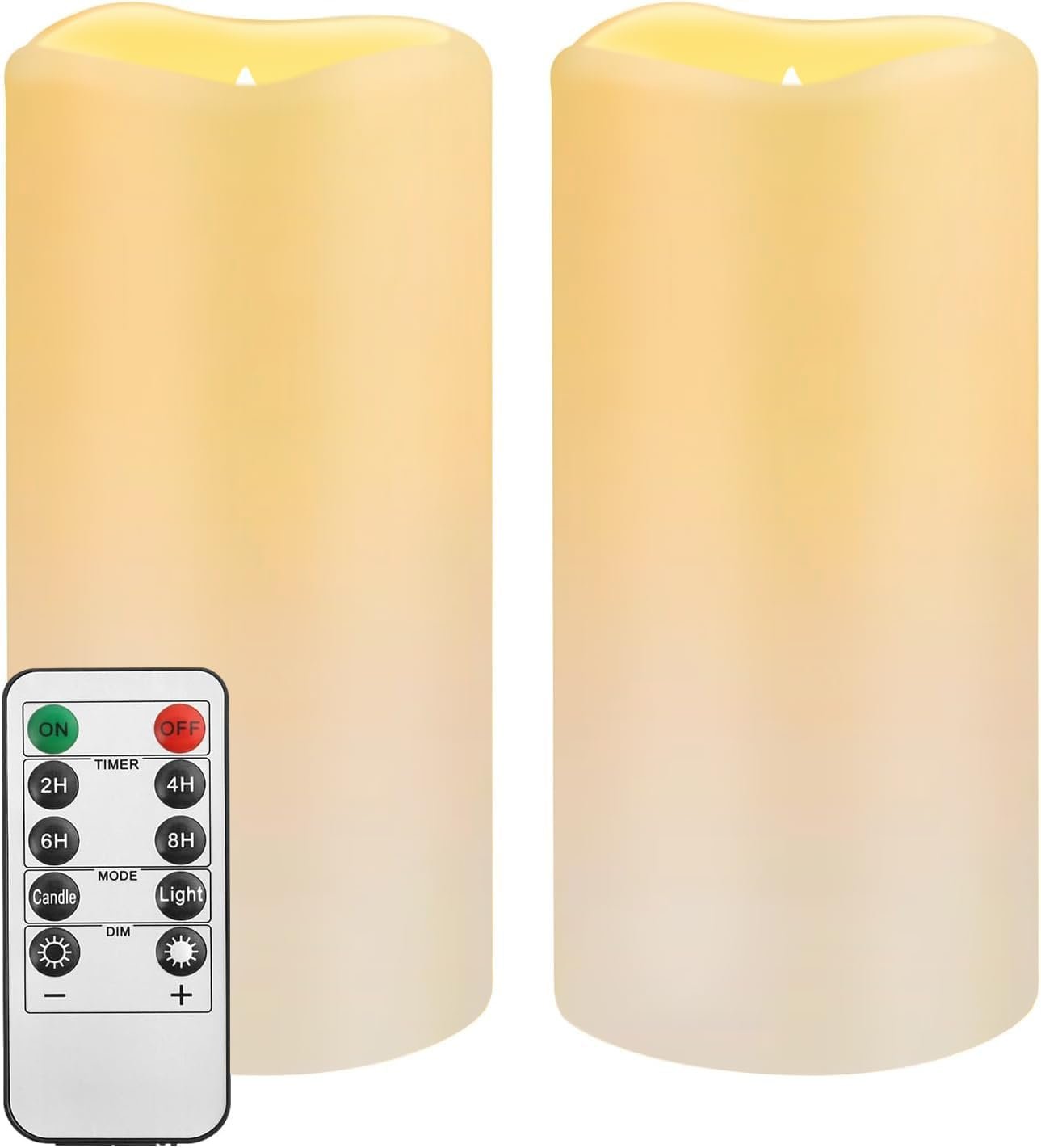 Waterproof Flameless Remote Control Candles 2PACK(D3”*H5.5”)Battery Operated Flickering LED Pillar Candle,plastic with 10-Key 24Hours Timer for Outdoor/Indoor Party Garden Lanterns Porch Ivory